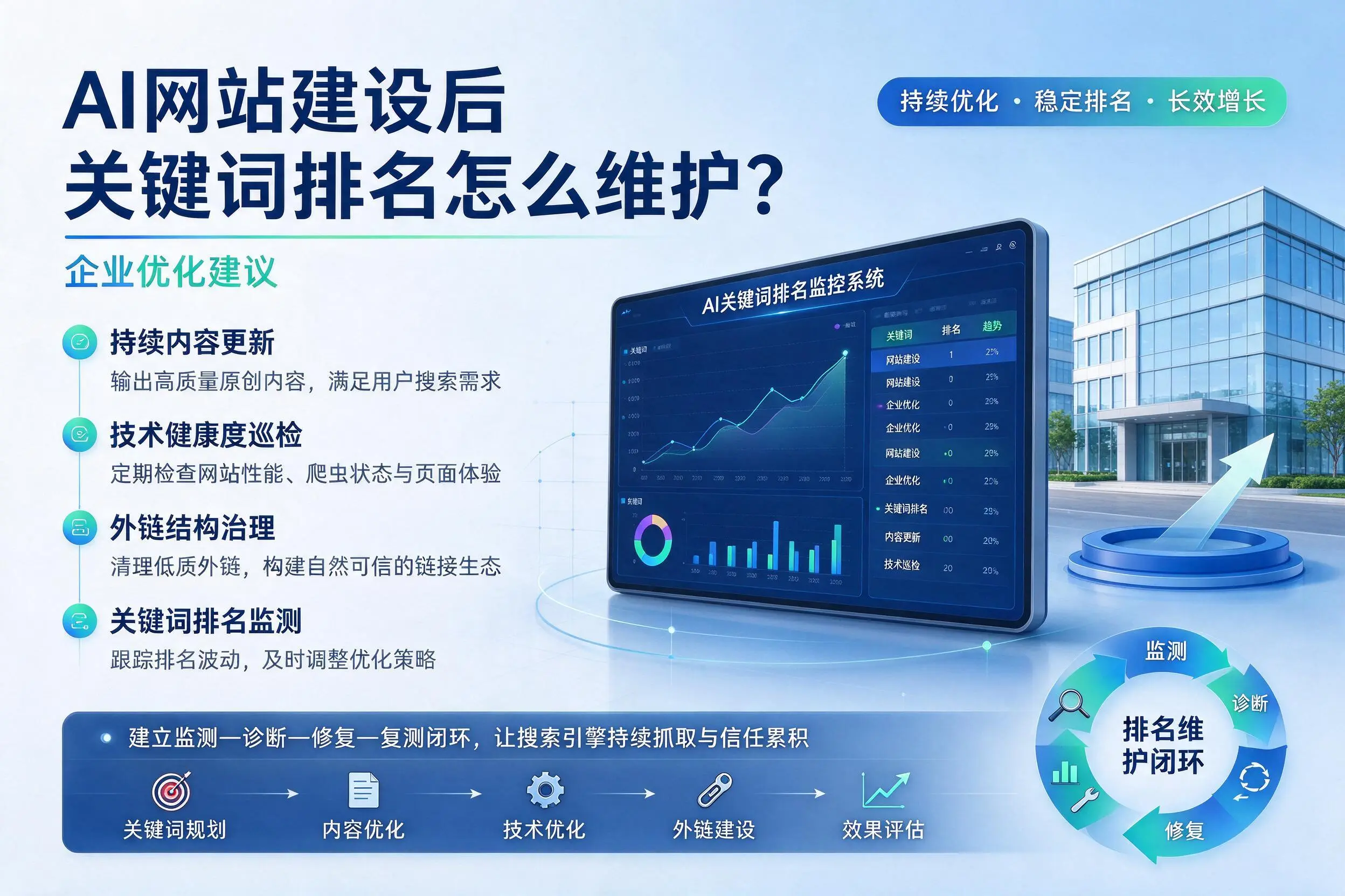 AI网站建设后关键词排名怎么维护?临高企业优化建议